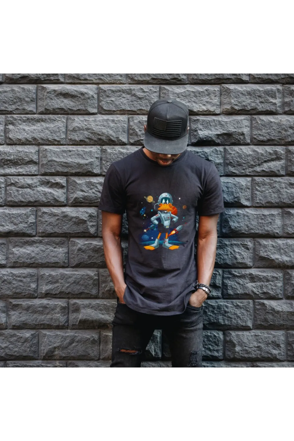 Duck Dodgers Uzay Baskılı Unisex Siyah Oversize Tişört - 24/1 Penye