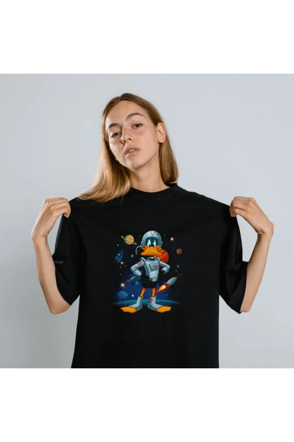 Duck Dodgers Uzay Baskılı Unisex Siyah Oversize Tişört - 24/1 Penye