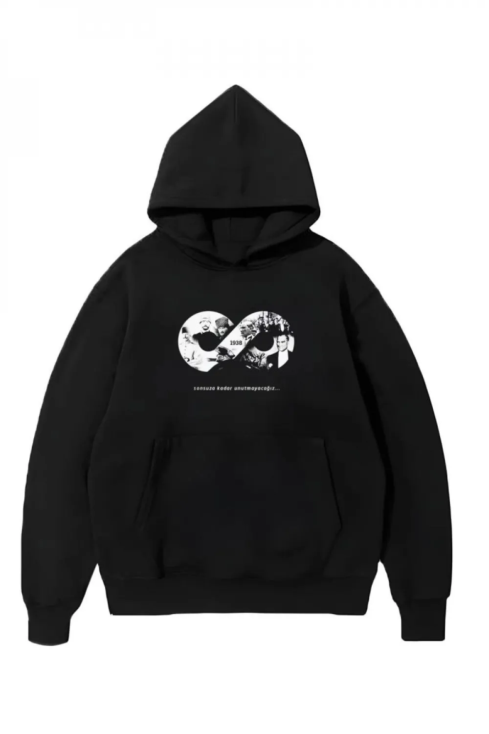 Erkek 10 Kasıma Özel 3 İplik Kapüşonlu Baskılı SweatShirt Hoodie - Siyah