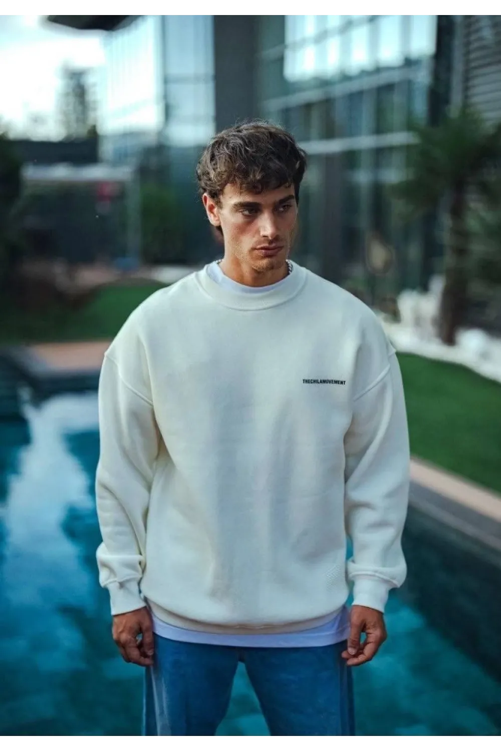 Erkek 3 iplik pamuklu Bisiklet Yaka Baskılı SweatShirt - Beyaz