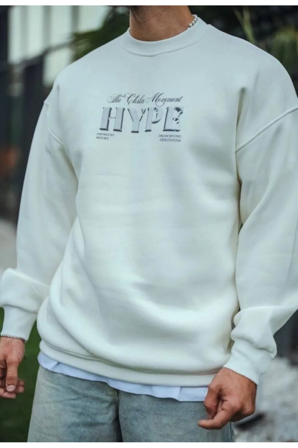 Erkek 3 İplik Pamuklu Bisiklet Yaka Baskılı SweatShirt - Beyaz