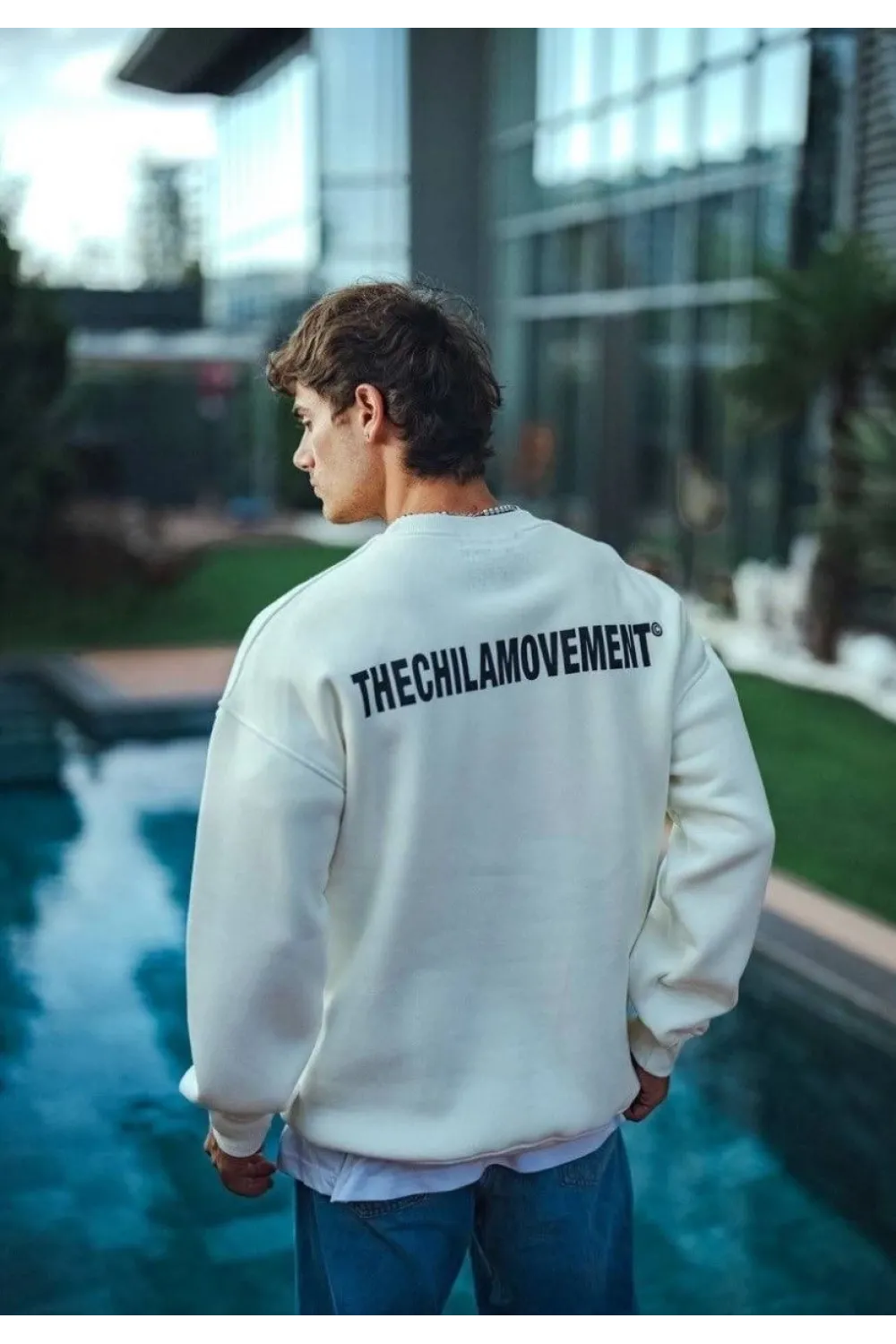 Erkek 3 iplik pamuklu Bisiklet Yaka Baskılı SweatShirt - Beyaz