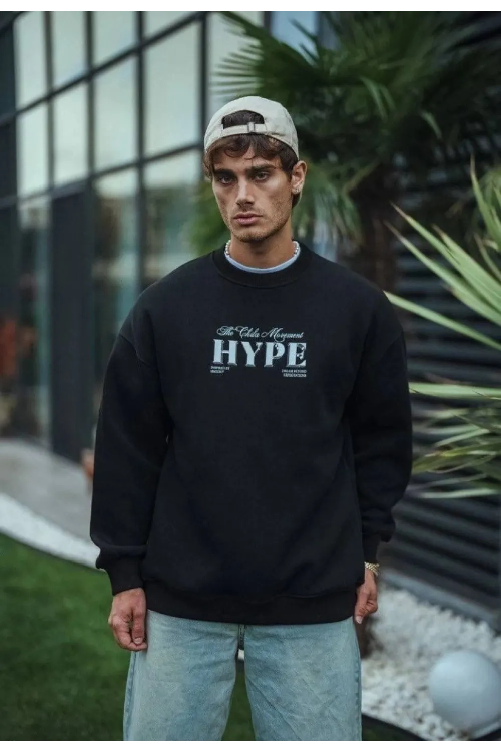 Erkek 3 İplik Pamuklu Bisiklet Yaka Baskılı SweatShirt - Siyah