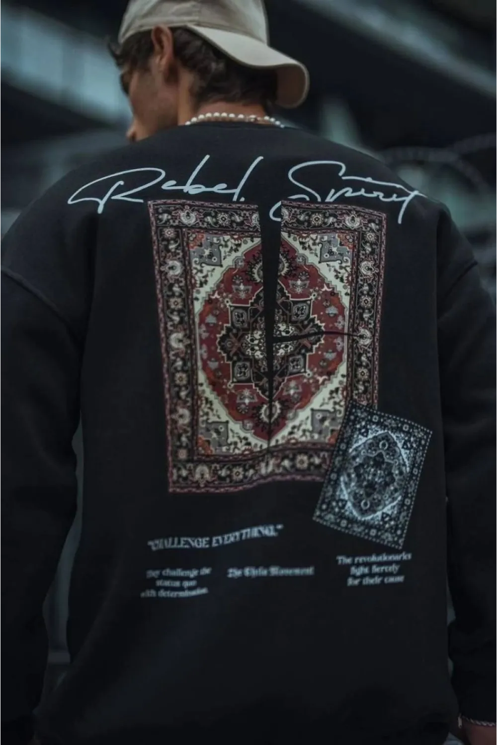 Erkek 3 iplik Pamuklu Bisiklet Yaka Baskılı SweatShirt - Siyah