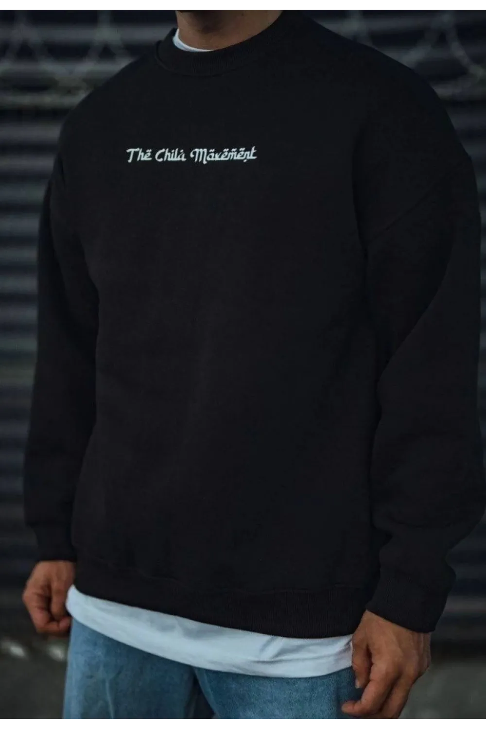 Erkek 3 iplik Pamuklu Bisiklet Yaka Baskılı SweatShirt - Siyah