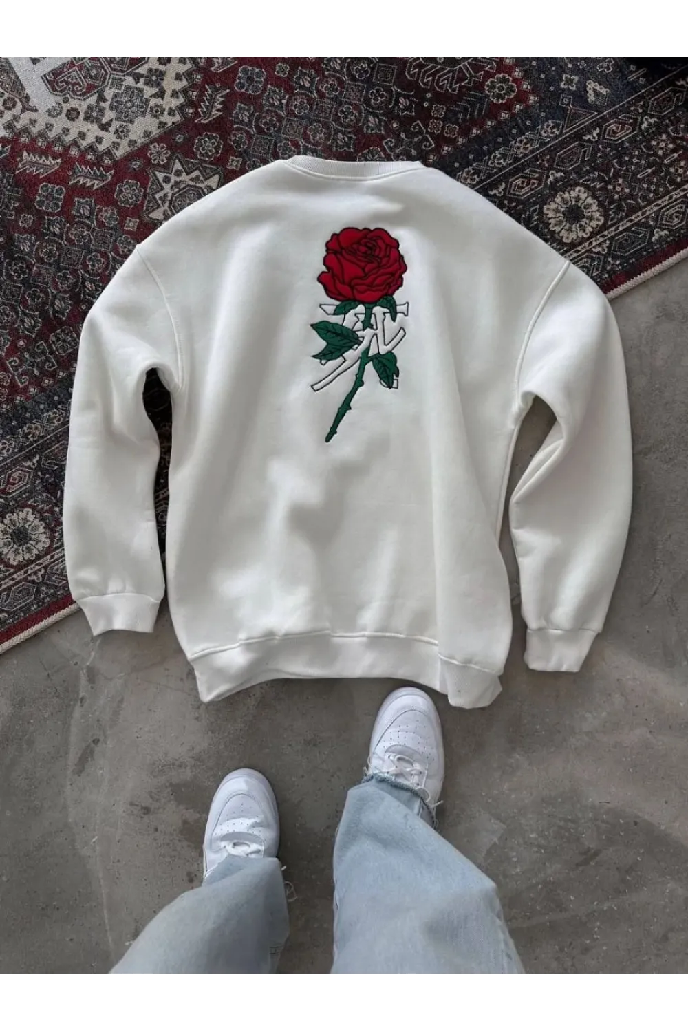 ERKEK 3 iplik Pamuklu Bisiklet Yaka Ön Ve Arka Baskılı SweatShirt -  Beyaz
