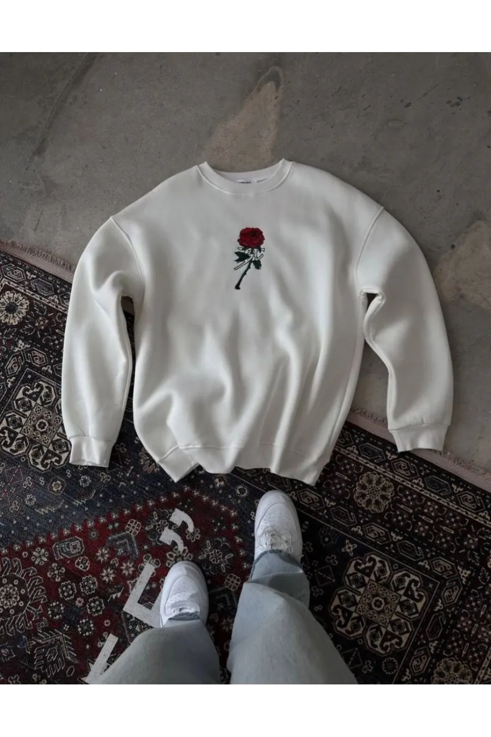 ERKEK 3 iplik Pamuklu Bisiklet Yaka Ön Ve Arka Baskılı SweatShirt -  Beyaz