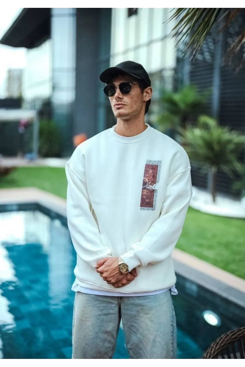 Erkek 3 iplik pamuklu Bisiklet Yaka Ön ve Arka Baskılı SweatShirt - Beyaz