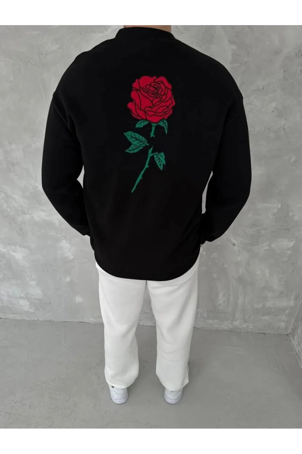 ERKEK 3 iplik Pamuklu Bisiklet Yaka Ön Ve Arka Baskılı SweatShirt - Siyah