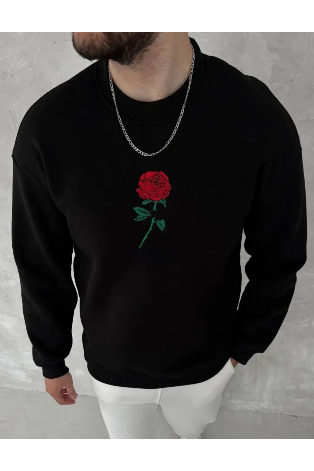 ERKEK 3 iplik Pamuklu Bisiklet Yaka Ön Ve Arka Baskılı SweatShirt - Siyah