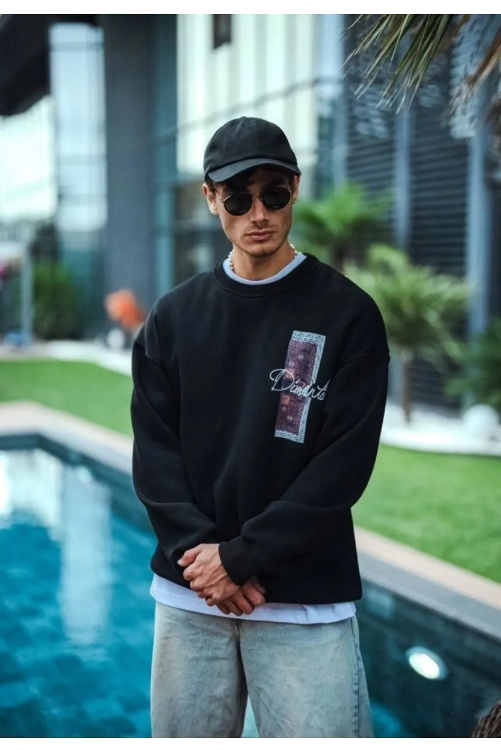 Erkek 3 iplik pamuklu Bisiklet Yaka Ön ve Arka Baskılı SweatShirt - Siyah