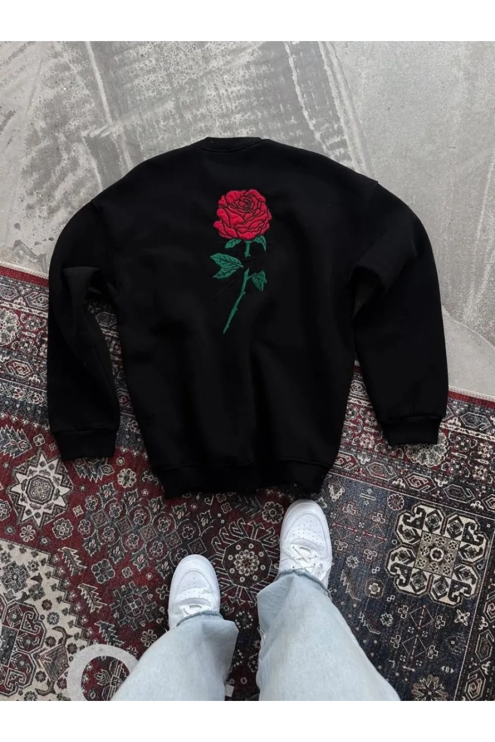 ERKEK 3 iplik Pamuklu Bisiklet Yaka Ön Ve Arka Baskılı SweatShirt - Siyah