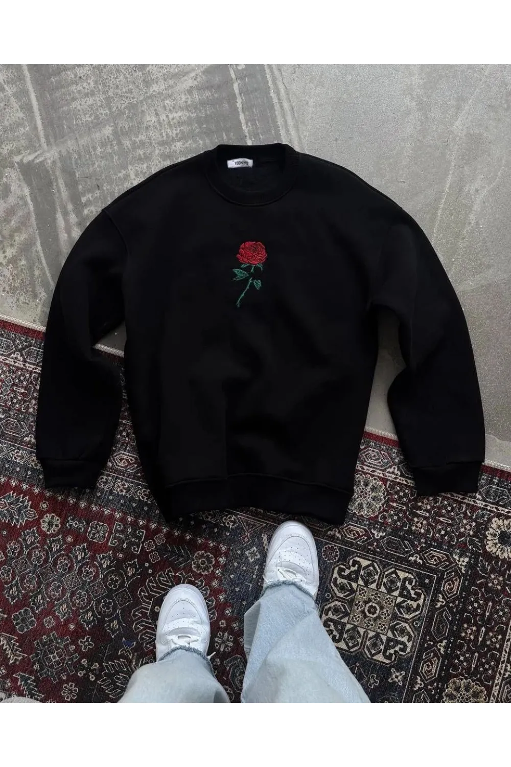 ERKEK 3 iplik Pamuklu Bisiklet Yaka Ön Ve Arka Baskılı SweatShirt - Siyah