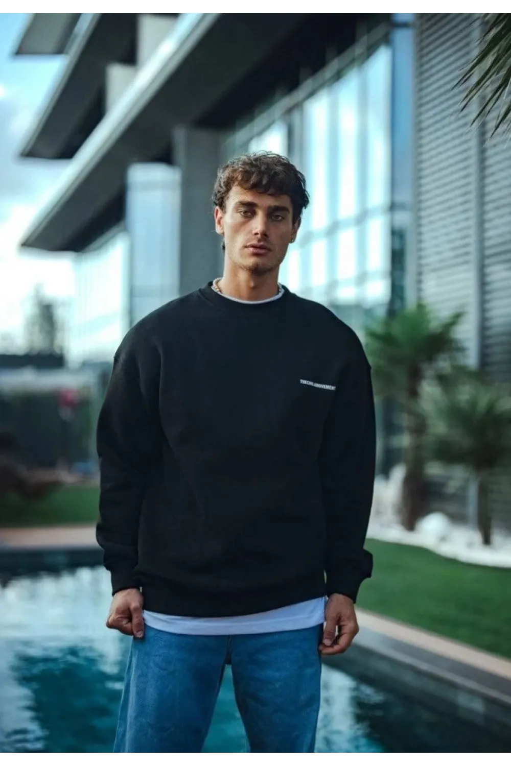 Erkek 3 iplik Pamuklu Bisiklet Yaka Oversize Baskılı SweatShirt - Siyah