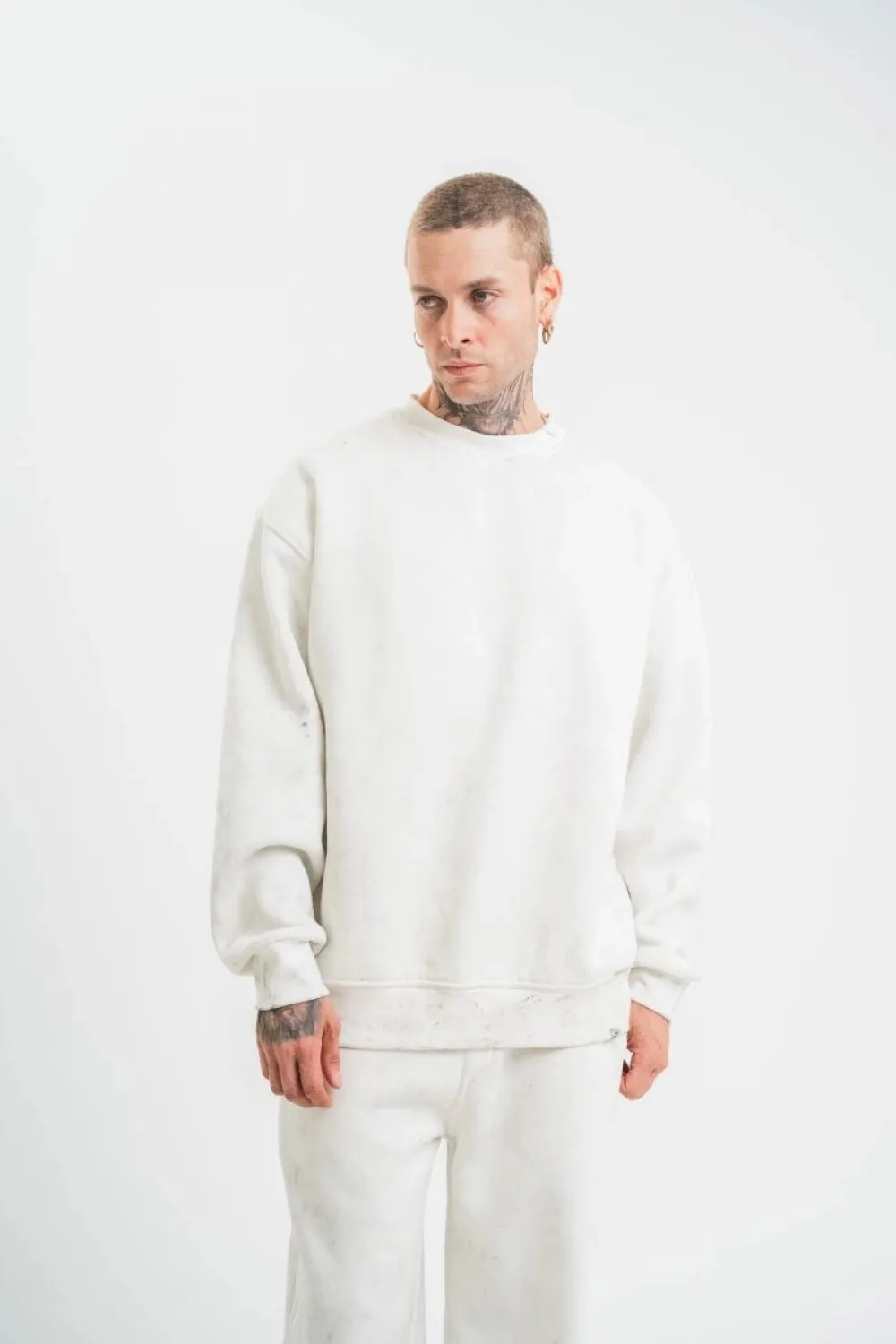 ERKEK 3 İplik Pamuklu Bisiklet Yaka Yıkamalı SweatShirt - Beyaz