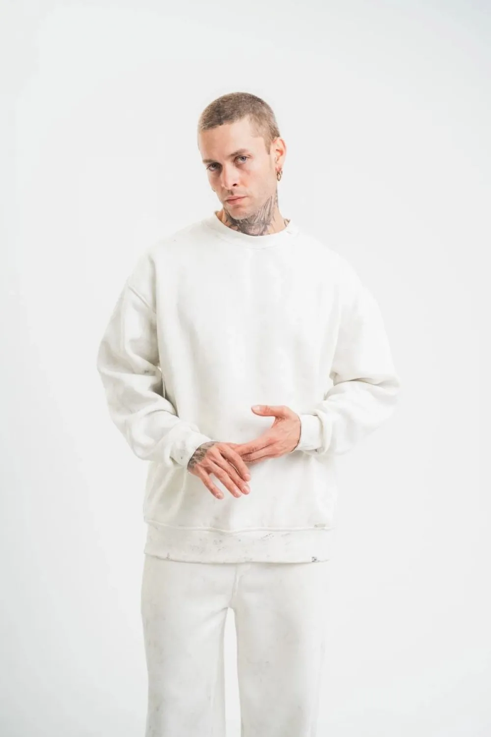ERKEK 3 İplik Pamuklu Bisiklet Yaka Yıkamalı SweatShirt - Beyaz