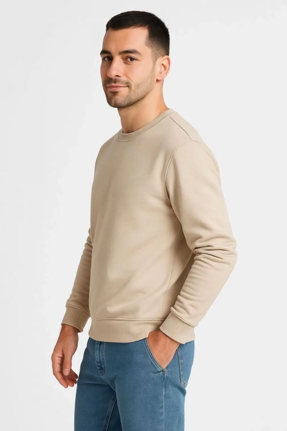 Erkek 3 İplik Pamuklu Düz Bisiklet Yaka SweatShirt - Bej