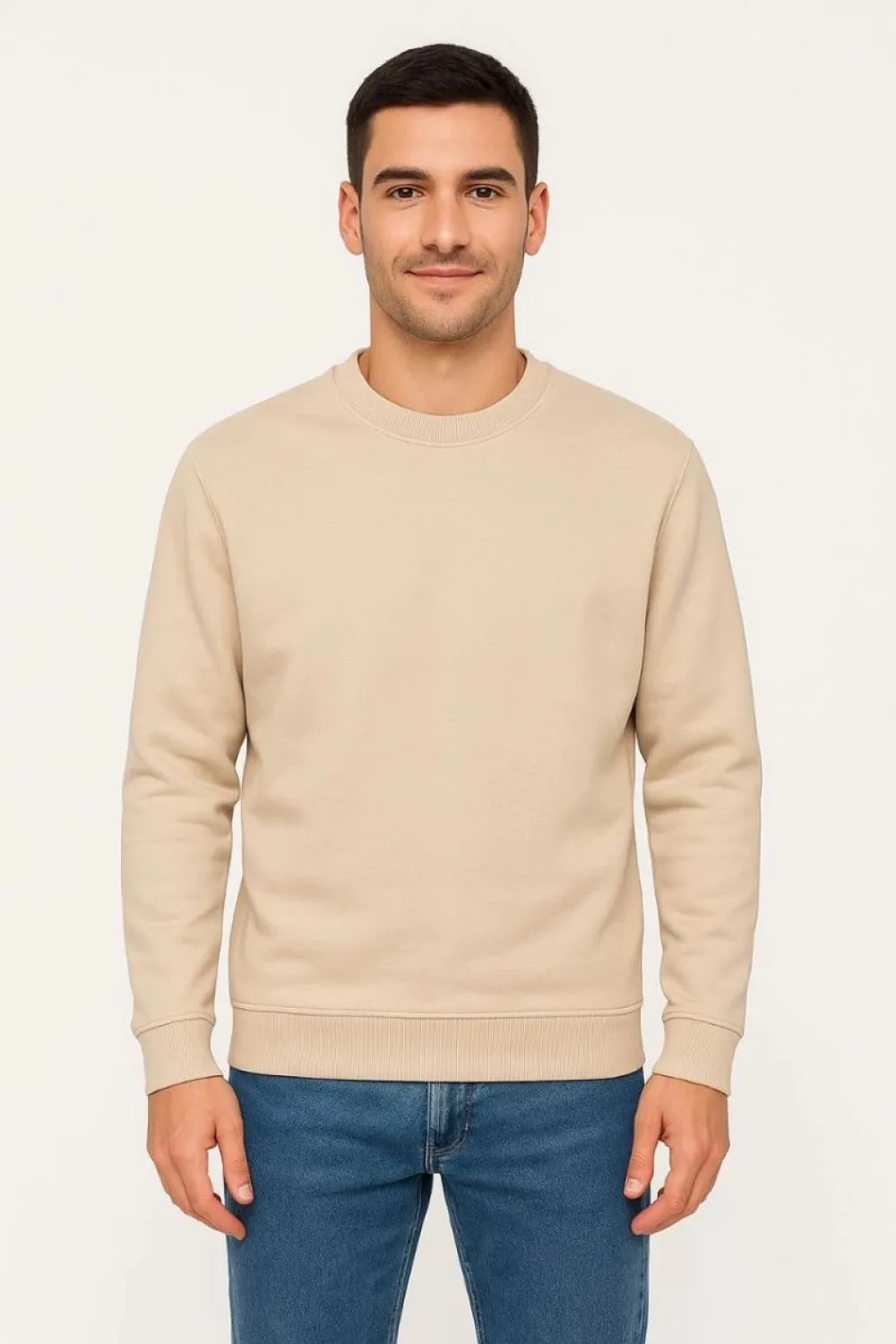 Erkek 3 İplik Pamuklu Düz Bisiklet Yaka SweatShirt - Bej