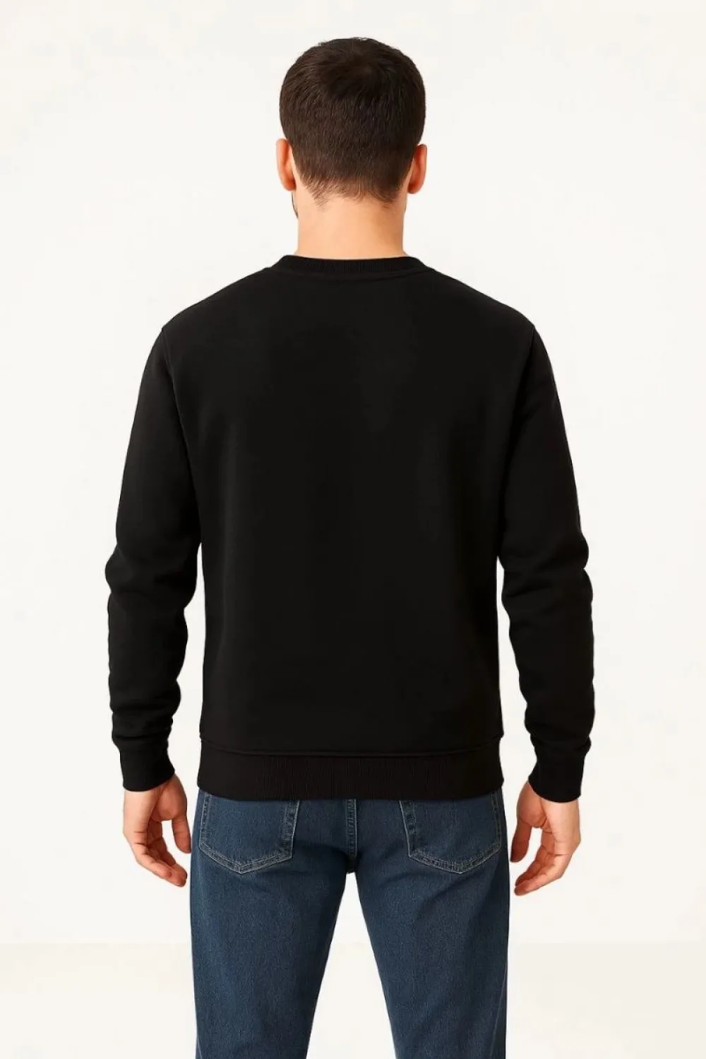 Erkek 3 İplik Pamuklu Düz Bisiklet Yaka SweatShirt - Siyah