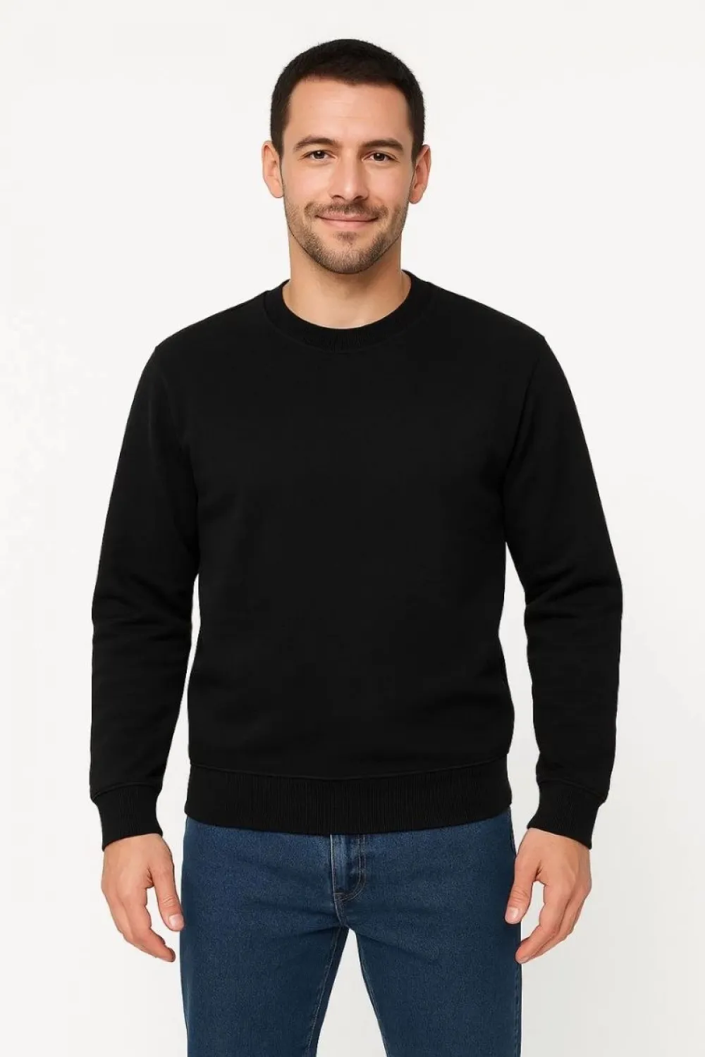 Erkek 3 İplik Pamuklu Düz Bisiklet Yaka SweatShirt - Siyah