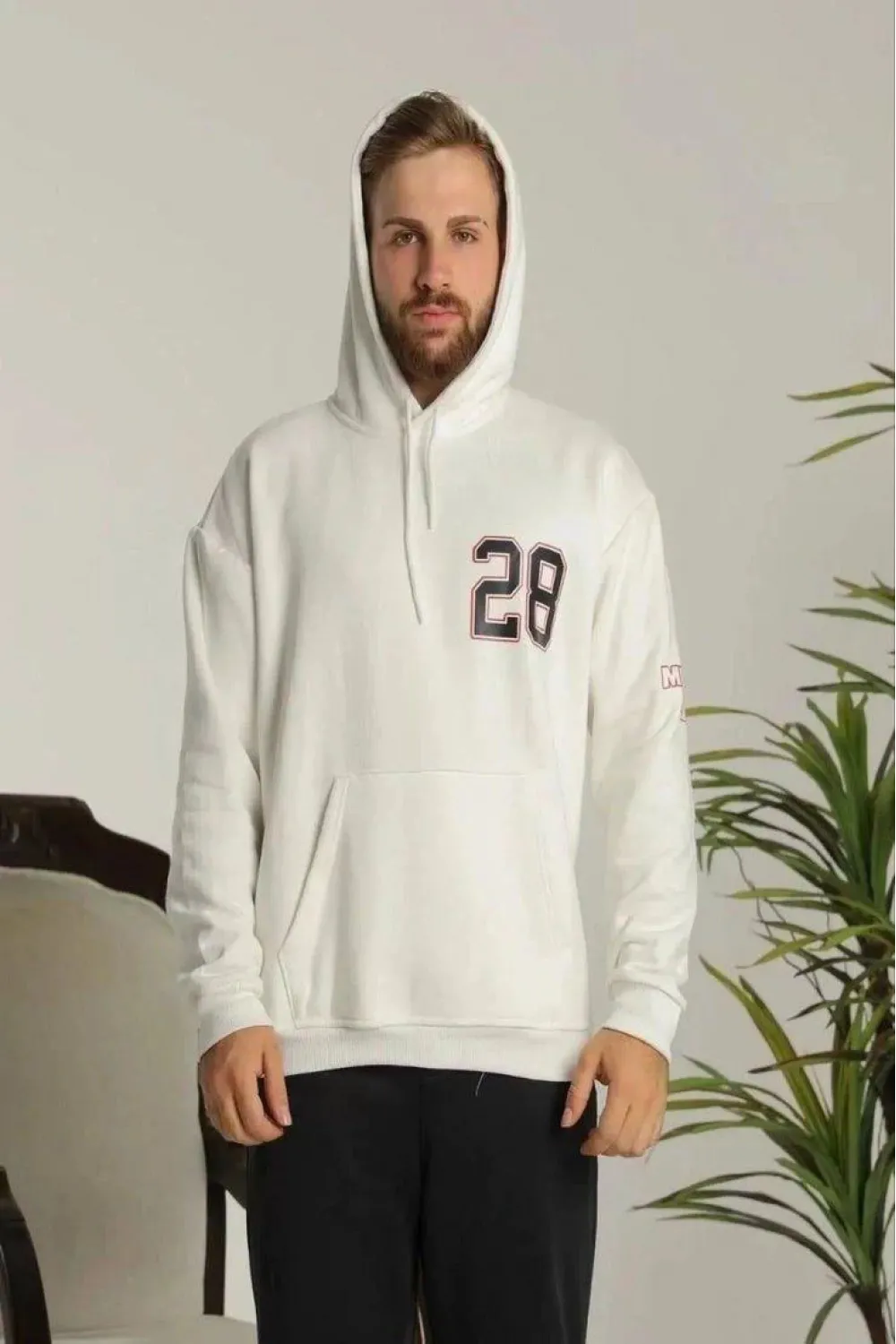 Erkek 3 İplik Pamuklu Kapüşonlu Baskılı Cepli Oversize Sweatshirt Hoodie - Beyaz