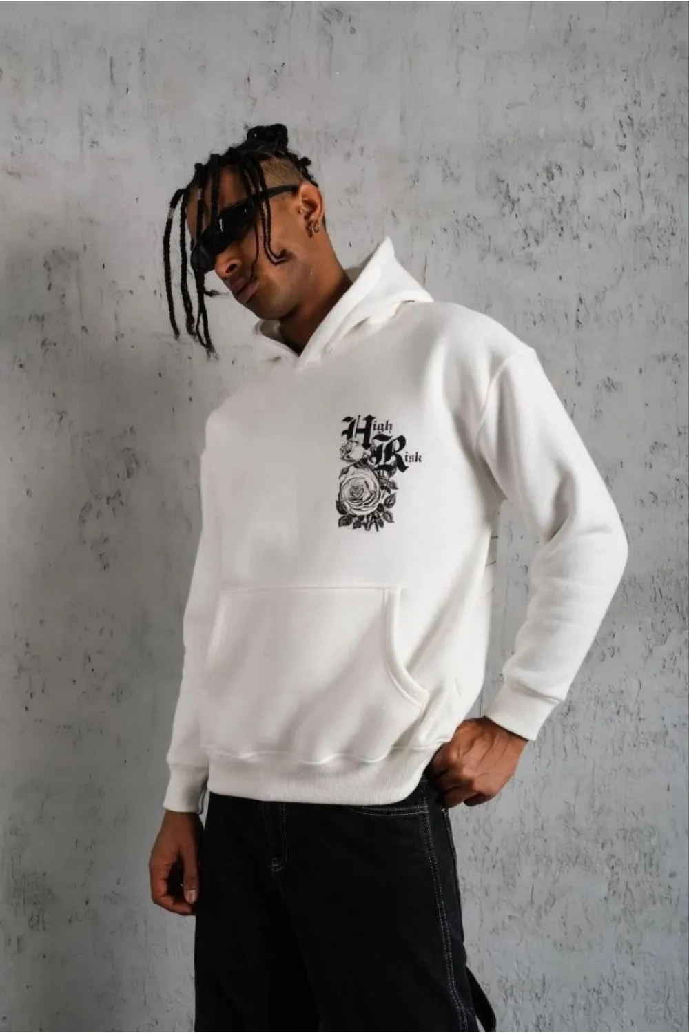 Erkek 3 İplik Pamuklu Kapüşonlu Baskılı Cepli Oversize Sweatshirt Hoodie - Beyaz