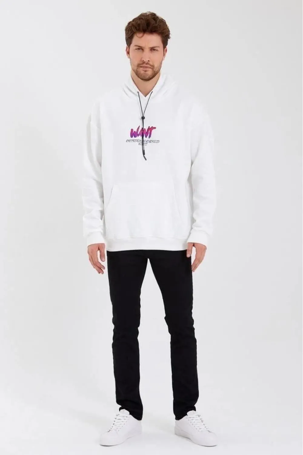 Erkek 3 İplik Pamuklu Kapüşonlu Baskılı Cepli Oversize Sweatshirt Hoodie - Beyaz