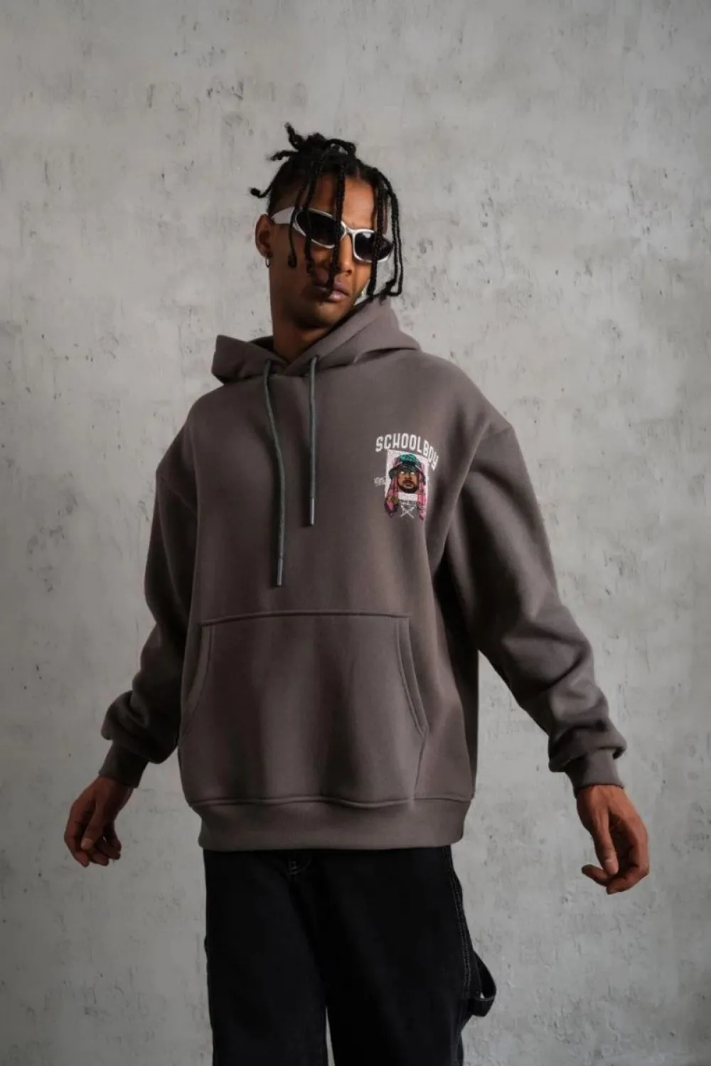 Erkek 3 İplik Pamuklu Kapüşonlu Baskılı Cepli Oversize Sweatshirt Hoodie - Gri