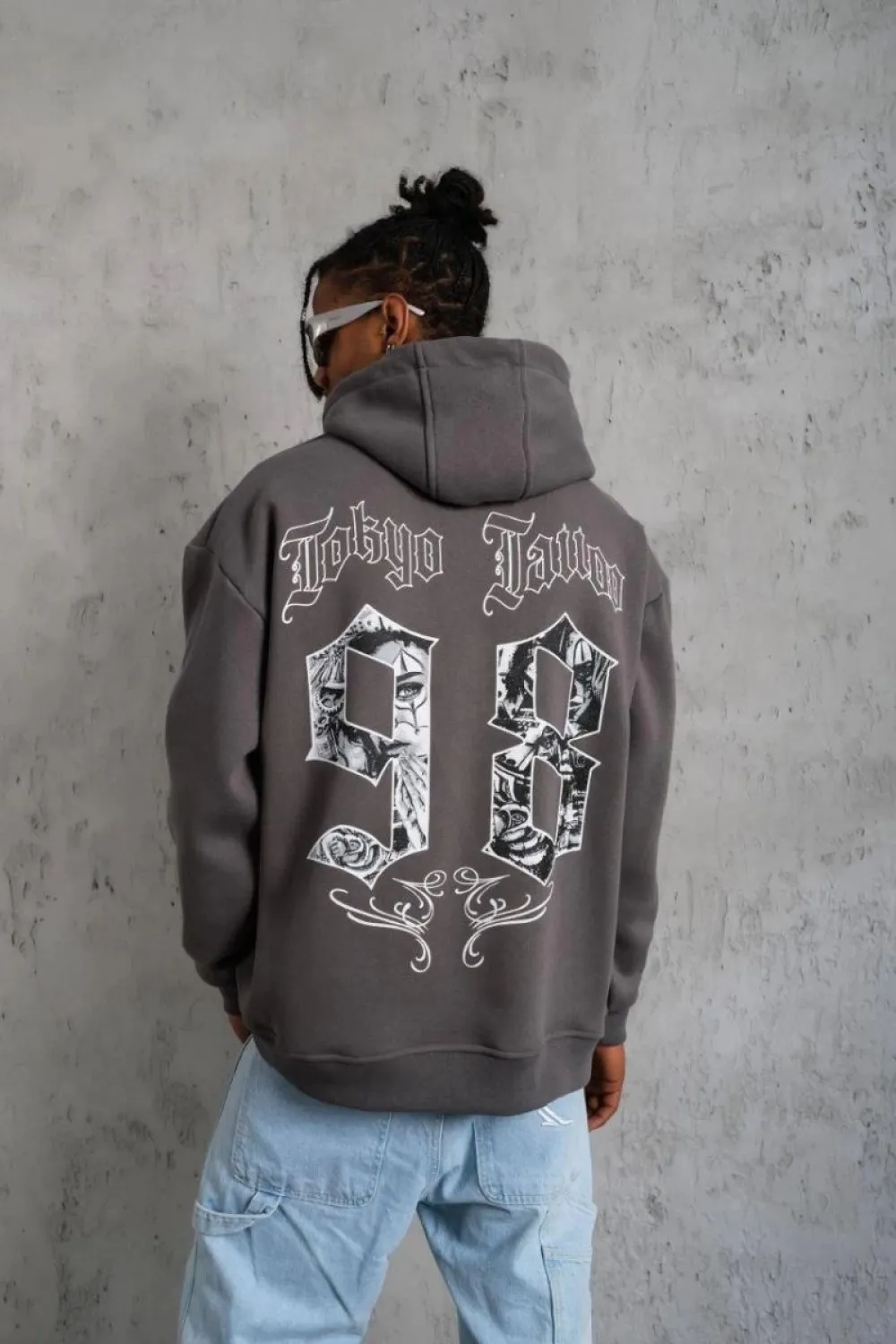 Erkek 3 İplik Pamuklu Kapüşonlu Baskılı Cepli Oversize Sweatshirt Hoodie - Gri