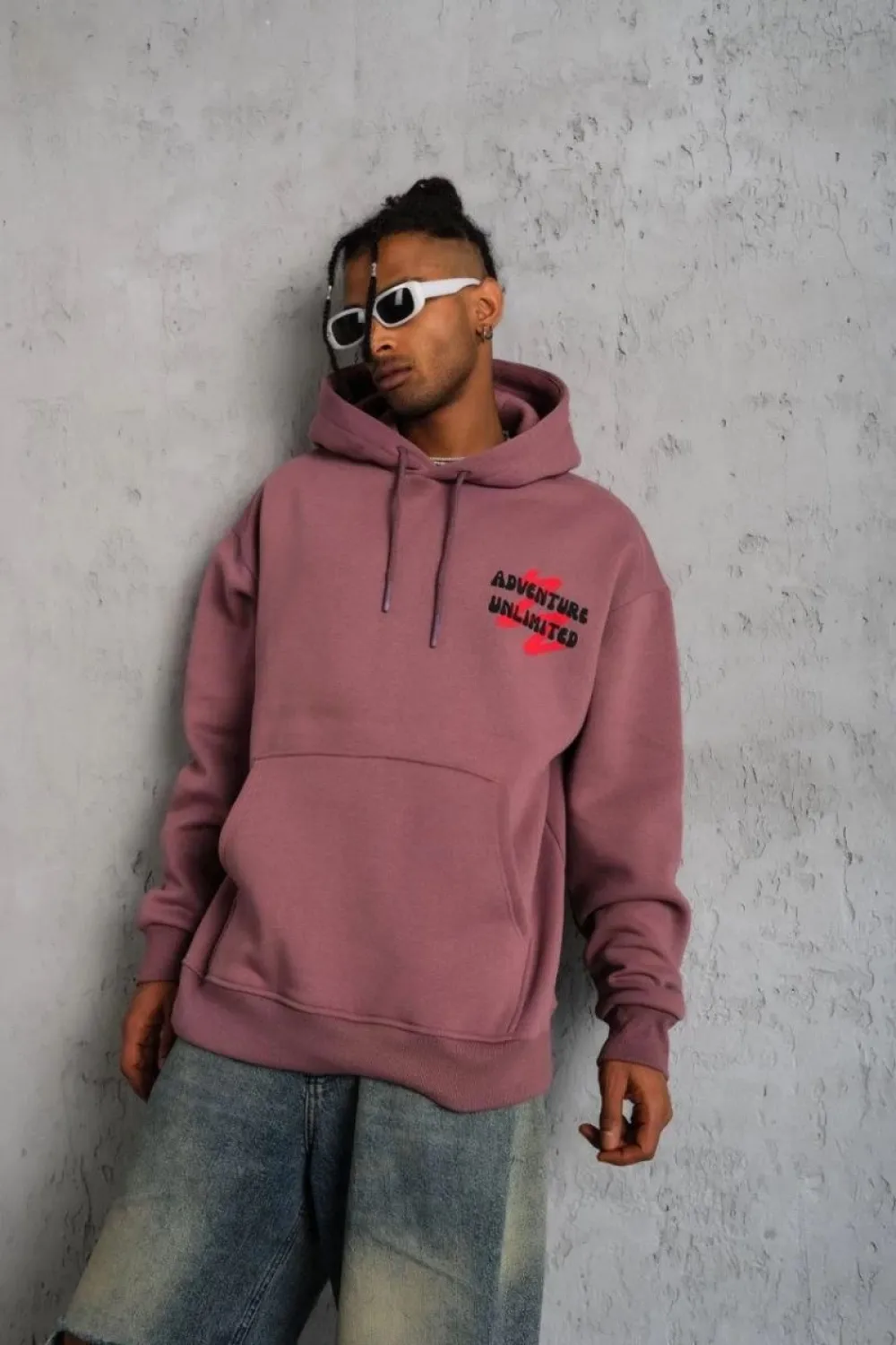 Erkek 3 İplik Pamuklu Kapüşonlu Baskılı Cepli Oversize Sweatshirt Hoodie - Gül Kurusu