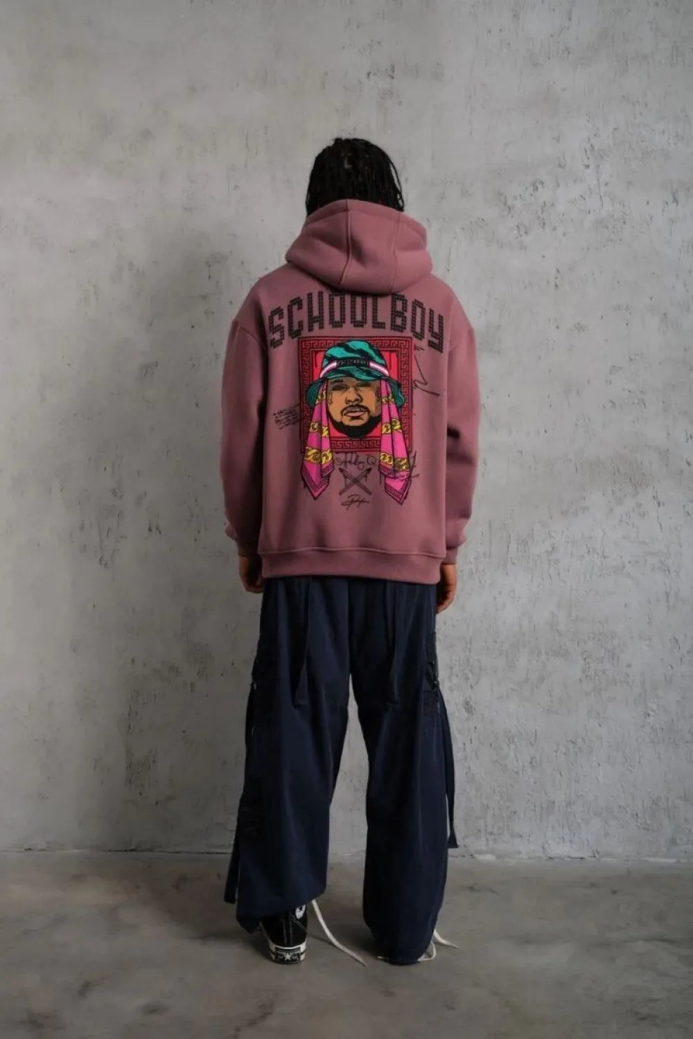 Erkek 3 İplik Pamuklu Kapüşonlu Baskılı Cepli Oversize Sweatshirt Hoodie - Gül Kurusu