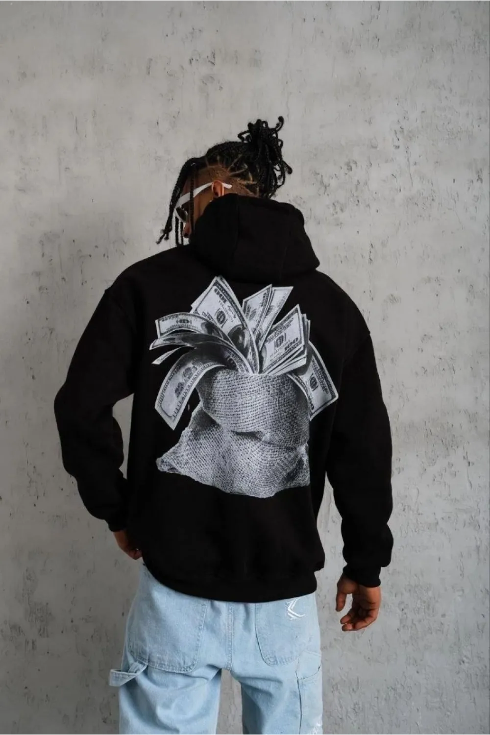 Erkek 3 İplik Pamuklu Kapüşonlu Baskılı Cepli Oversize Sweatshirt Hoodie - Siyah