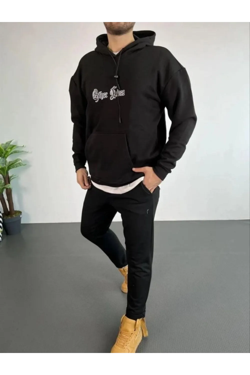 Erkek 3 İplik Pamuklu Kapüşonlu Baskılı Cepli Oversize Sweatshirt Hoodie - Siyah