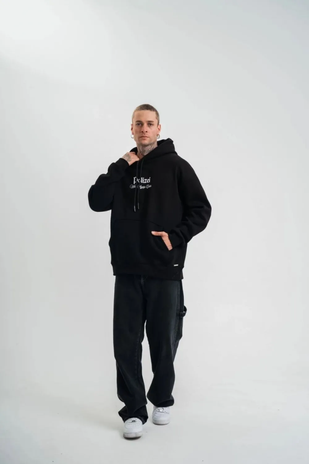Erkek 3 İplik Pamuklu Kapüşonlu Baskılı Cepli Oversize Sweatshirt Hoodie - Siyah
