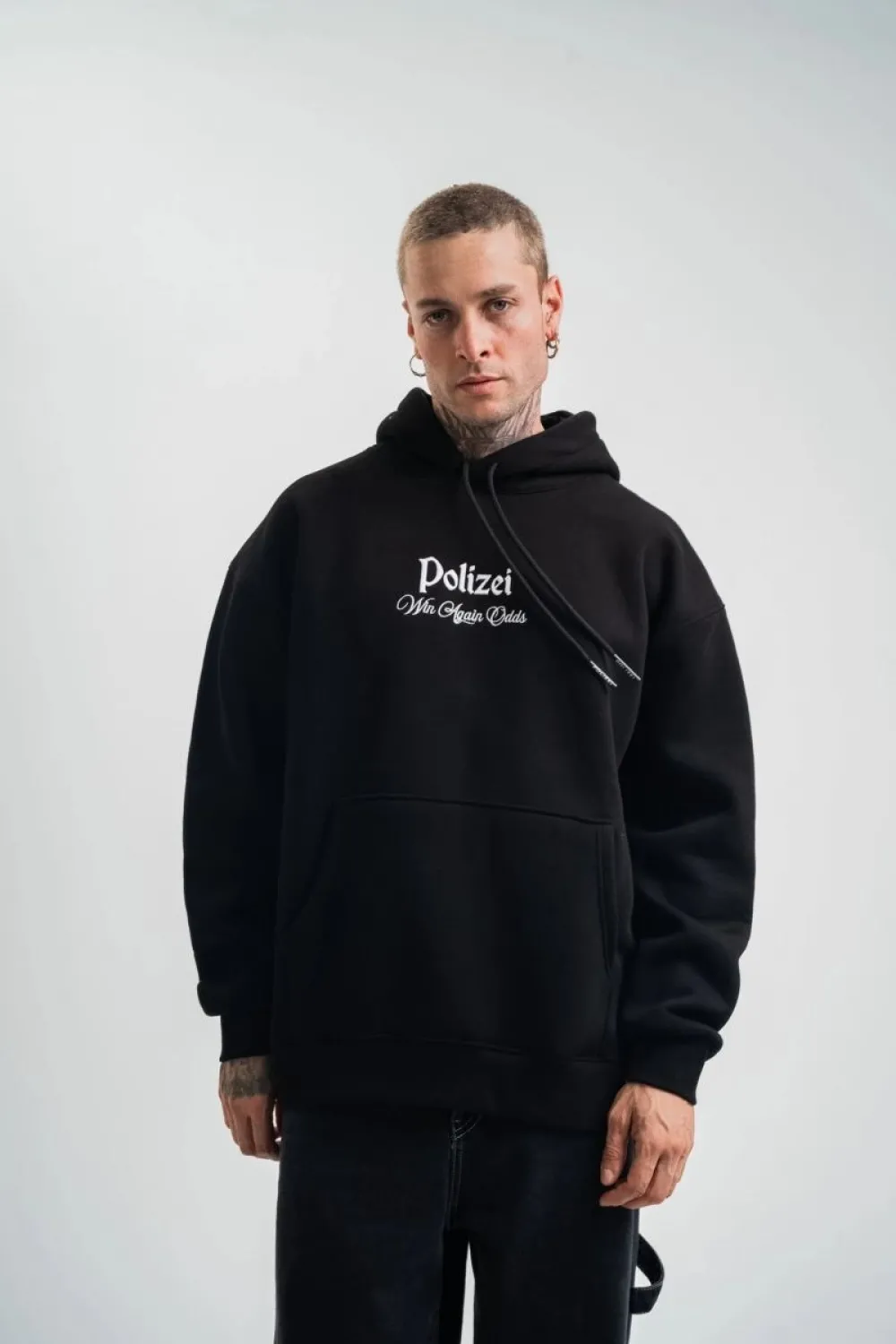 Erkek 3 İplik Pamuklu Kapüşonlu Baskılı Cepli Oversize Sweatshirt Hoodie - Siyah