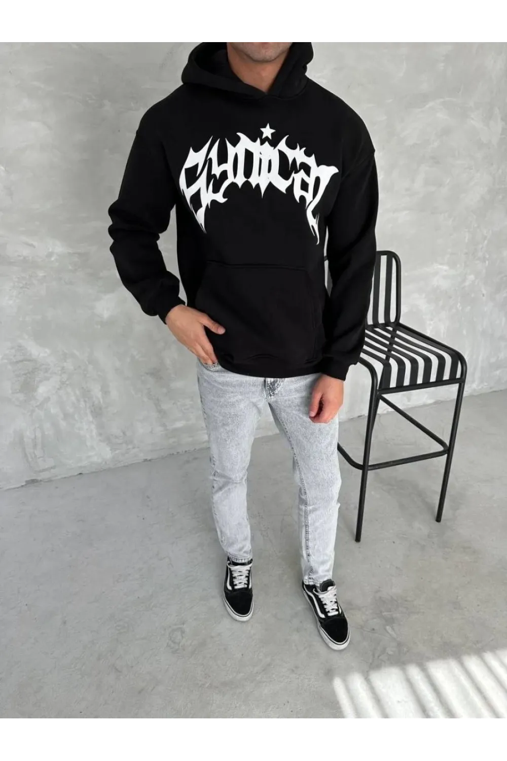 Erkek 3 İplik Pamuklu Kapüşonlu Baskılı Cepli Oversize Sweatshirt Hoodie - Siyah