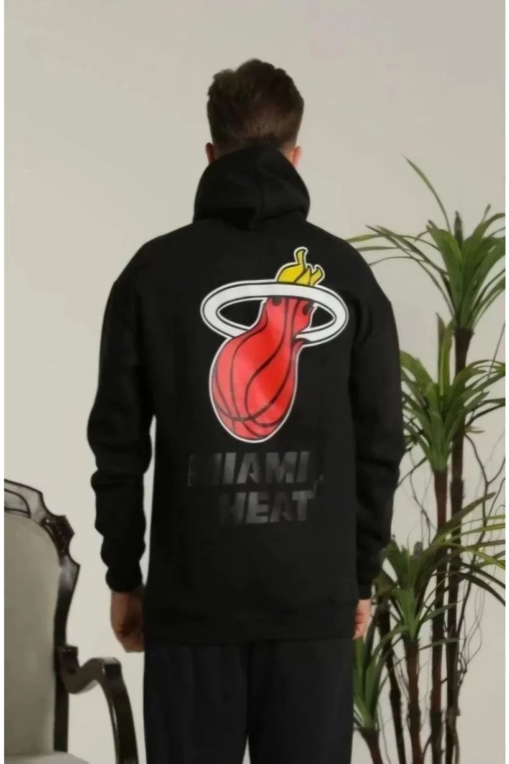 Erkek 3 İplik Pamuklu Kapüşonlu Baskılı Cepli Oversize Sweatshirt Hoodie - Siyah