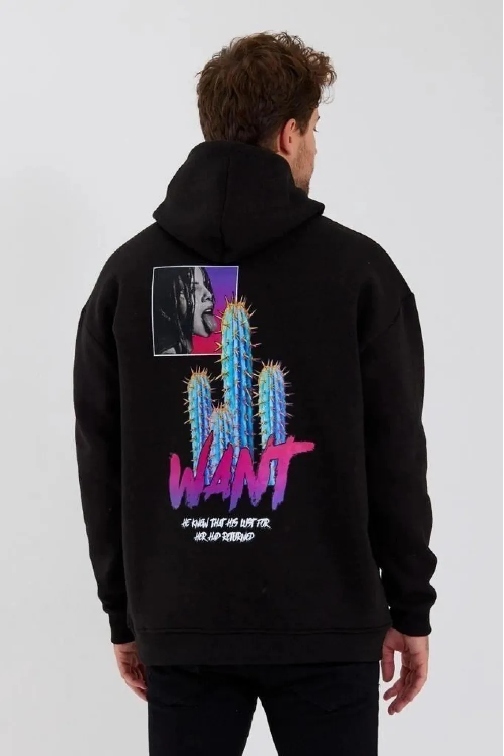 Erkek 3 İplik Pamuklu Kapüşonlu Baskılı Cepli Oversize Sweatshirt Hoodie - Siyah