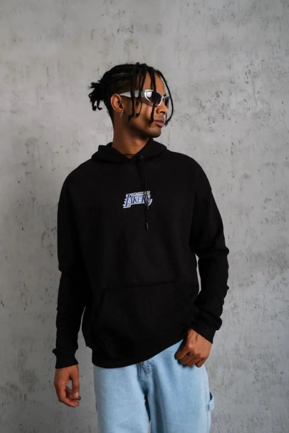 Erkek 3 İplik Pamuklu Kapüşonlu Baskılı Cepli Oversize Sweatshirt Hoodie - Siyah