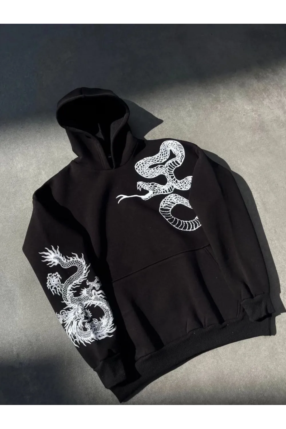 Erkek 3 İplik Pamuklu Kapüşonlu Baskılı Cepli Oversize Sweatshirt Hoodie - Siyah