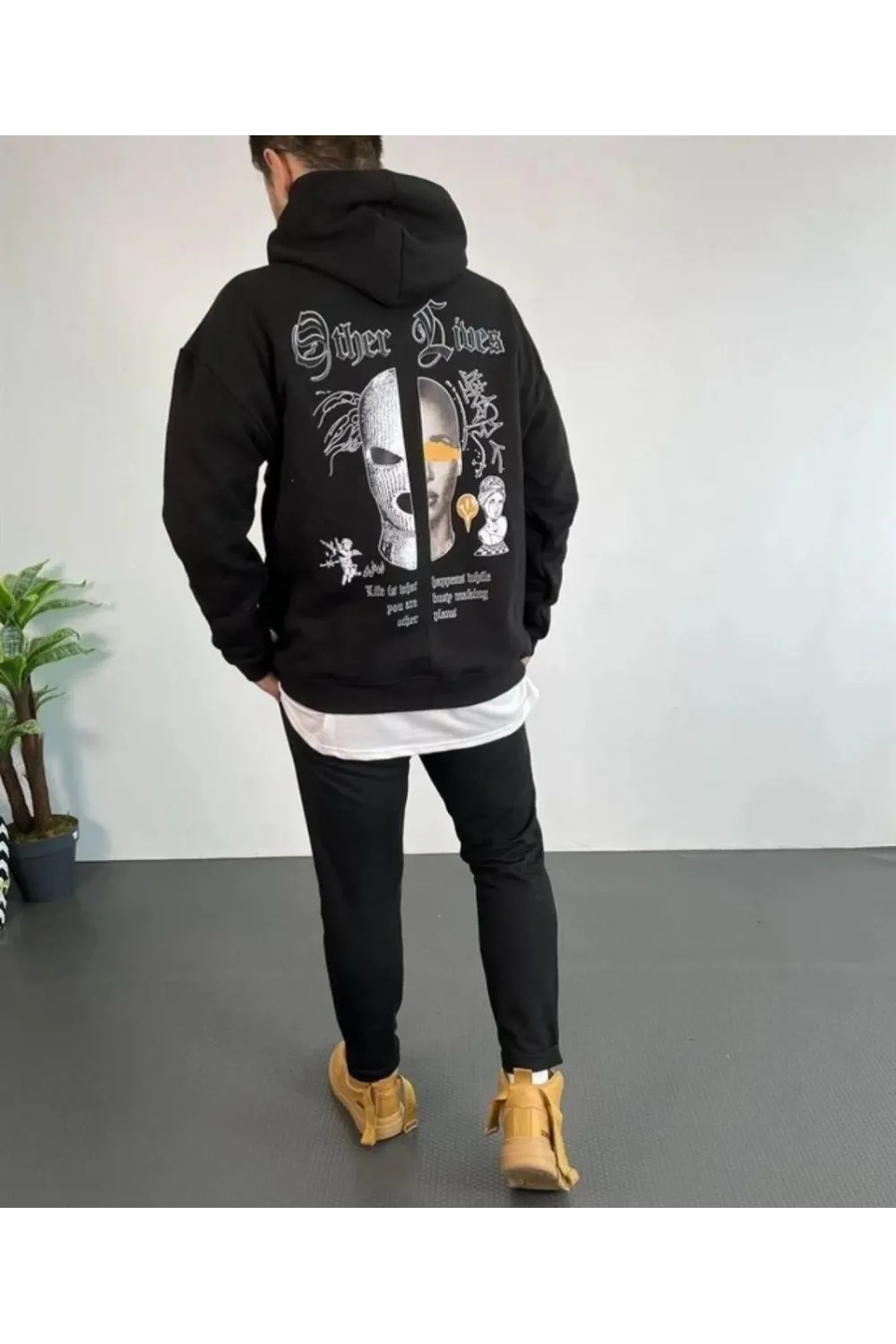 Erkek 3 İplik Pamuklu Kapüşonlu Baskılı Cepli Oversize Sweatshirt Hoodie - Siyah