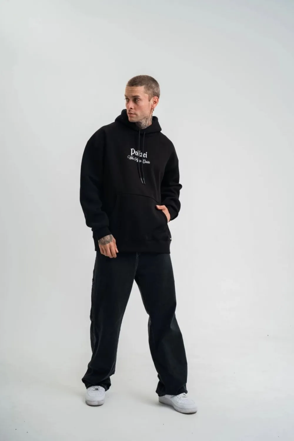 Erkek 3 İplik Pamuklu Kapüşonlu Baskılı Cepli Oversize Sweatshirt Hoodie - Siyah
