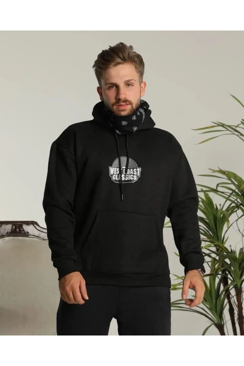 Erkek 3 İplik Pamuklu Kapüşonlu Baskılı Cepli Oversize Sweatshirt Hoodie - Siyah