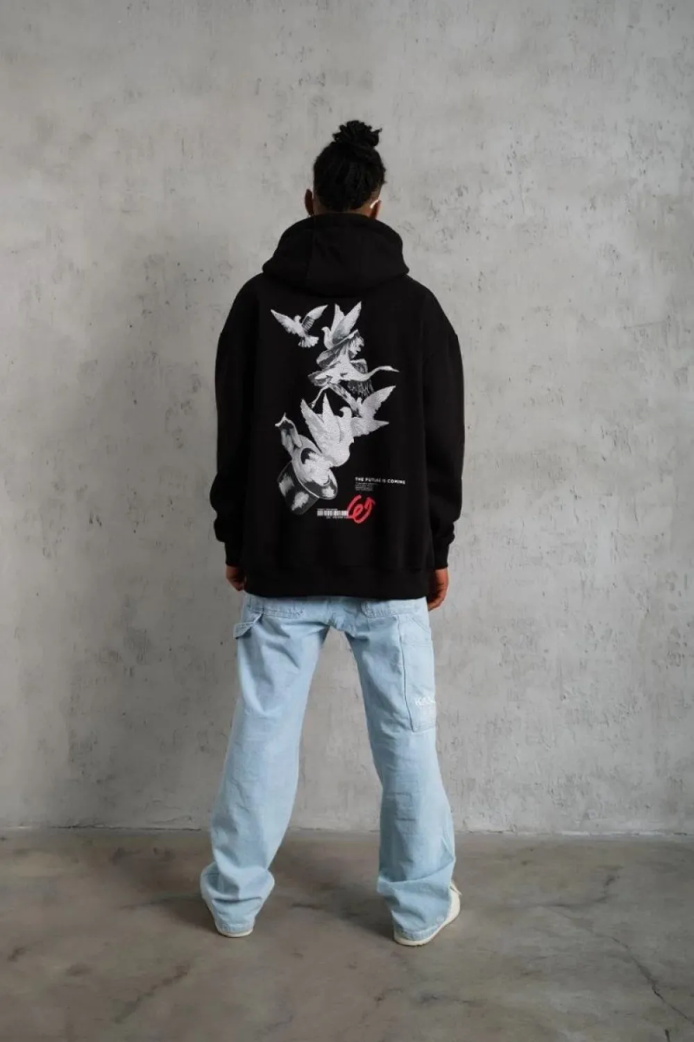 Erkek 3 İplik Pamuklu Kapüşonlu Baskılı Cepli Oversize Sweatshirt Hoodie - Siyah
