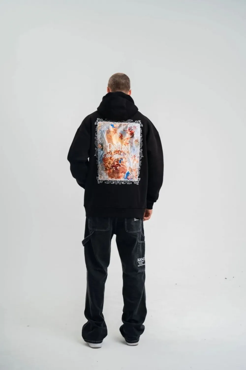 Erkek 3 İplik Pamuklu Kapüşonlu Baskılı Cepli Oversize Sweatshirt Hoodie - Siyah
