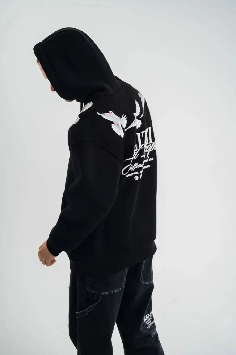 Erkek 3 İplik Pamuklu Kapüşonlu Baskılı Cepli Oversize Sweatshirt Hoodie - Siyah