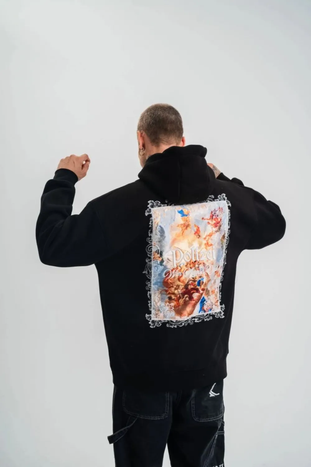 Erkek 3 İplik Pamuklu Kapüşonlu Baskılı Cepli Oversize Sweatshirt Hoodie - Siyah