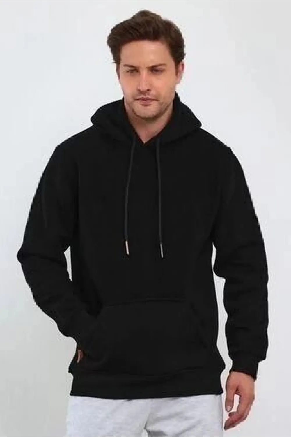 Erkek 3 İplik Pamuklu Kapüşonlu Cepli Oversize Hoodie Sweatshirt - Siyah