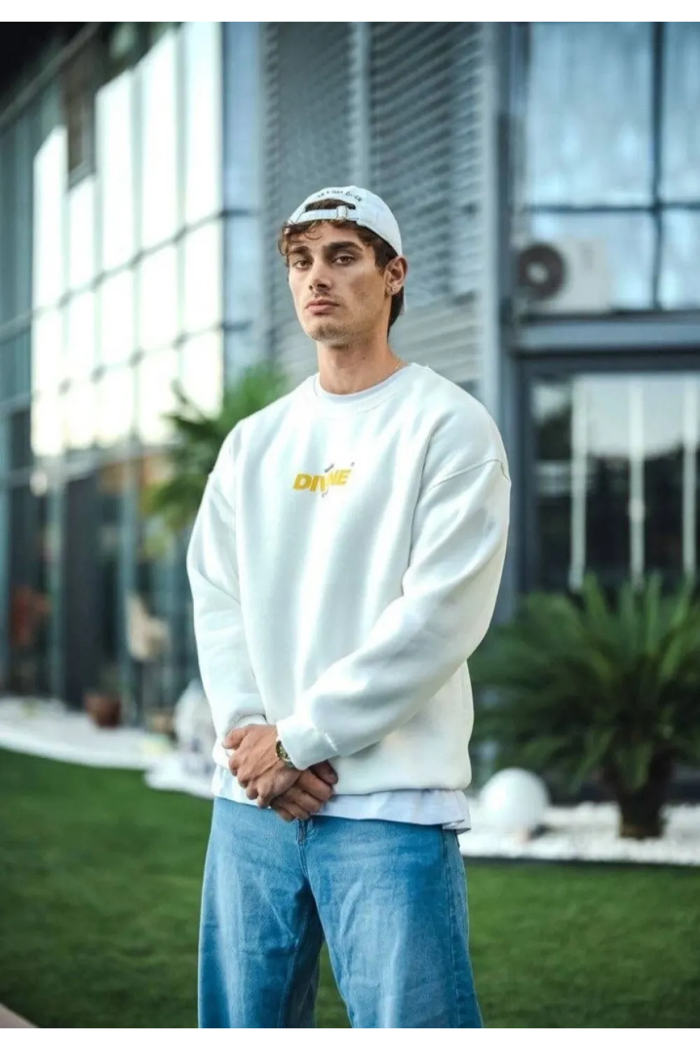 Erkek 3 iplik pamuklu Kışlık Bisiklet Yaka Baskılı SweatShirt - Beyaz