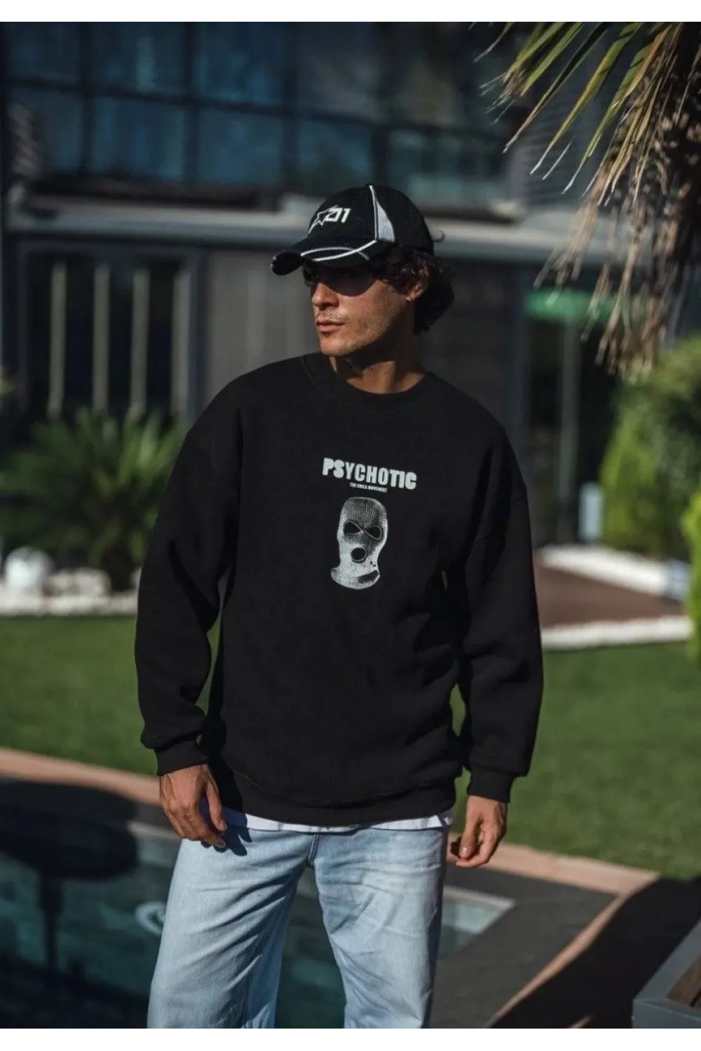 Erkek 3 iplik pamuklu Kışlık Bisiklet Yaka Baskılı SweatShirt - Siyah